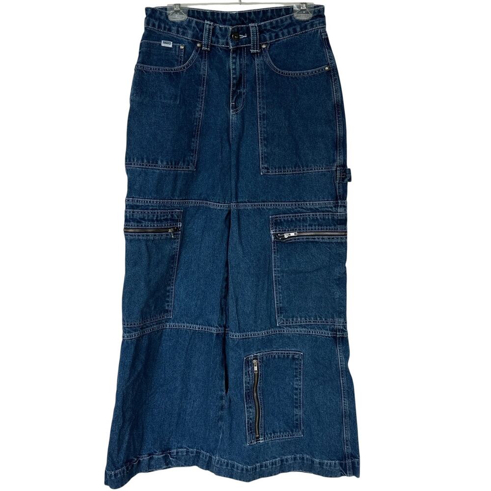 The Ragged Priest Jeans Cargo Super Sweeper Wide Leg Blue White Women's Size 28